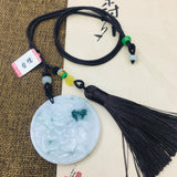 Burmese Emerald Jade Peony Flower Pendant Necklace Two-tone with Tassel