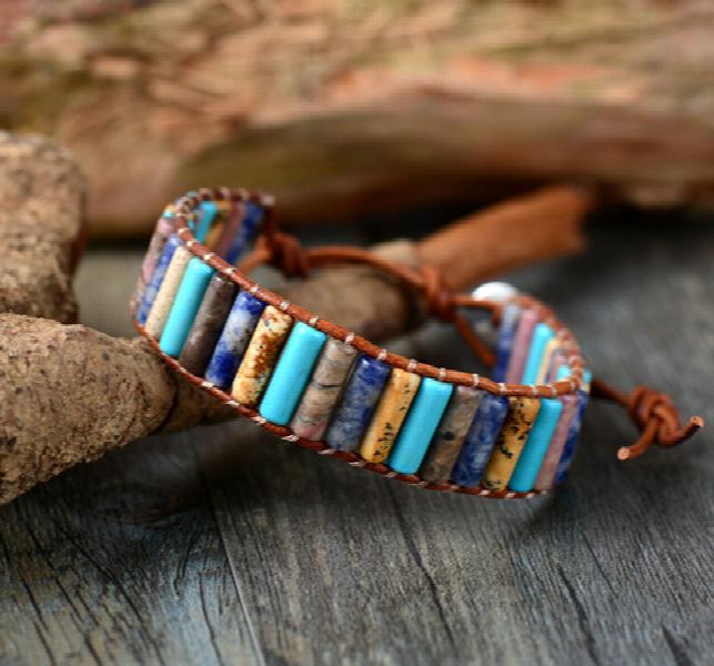 Boho Tube Shape Natural Stones Leather Wrap Bracelet
