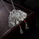 Vintage S925 Silver Hetian Jade South Red Inlaid Peony Flower Pendant