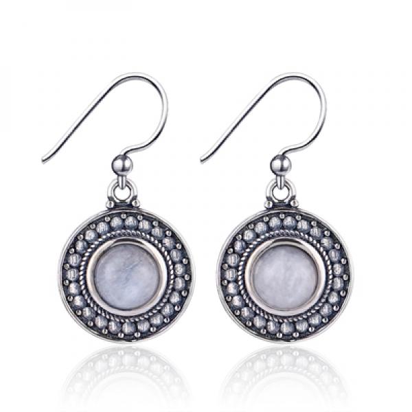Round Moonstone Earrings 925 Sterling Silver Vintage Jewelry