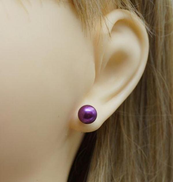 AA Purple Pearl Earrings 8mm S925 Sterling Silver Stud Wedding Jewelry