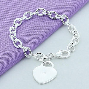 925 Silver Chain Link Bracelet Heart Jewelry