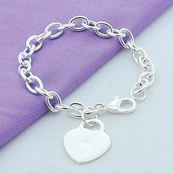 925 Silver Chain Link Bracelet Heart Jewelry