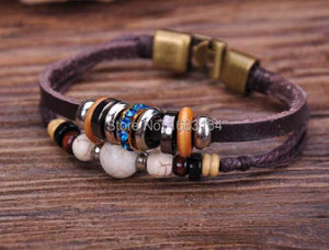 G73 Bronze Surfer Hemp Leather Wood Beads Bracelet Cuff