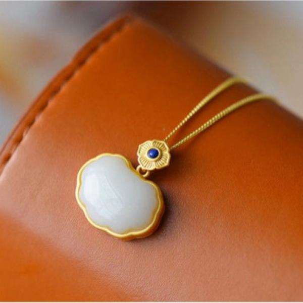 Silver Inlaid Hetian Jade Lapis Pendant Necklace Chinese Retro Gilt Craft