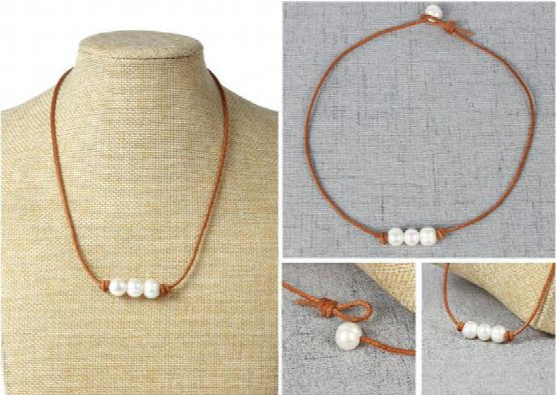 White Freshwater Pearl Leather Necklace, Birthday Wedding Gift