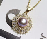 925 Silver Pink Pearl Freshwater Pendant Zircon Crystal Gem Jewelry