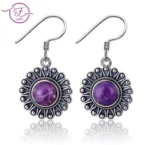 7MM Purple Dragon Crystal Peacock Flower Earrings