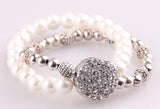 CZ Stone Metal Snap Button Bracelet Double Row Alloy Ball Bead Pearl Beads