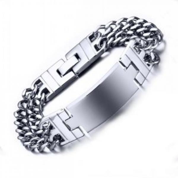 Men's Stainless Steel ID Pattern Double Row Hand Chain Bracelet
