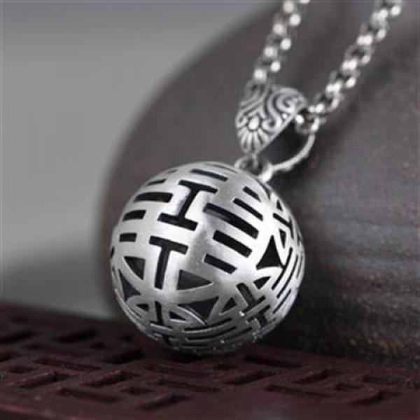 Double Happiness Retro Bead Necklace Chinese Charm Silver Jewelry
