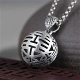 Double Happiness Retro Bead Necklace Chinese Charm Silver Jewelry