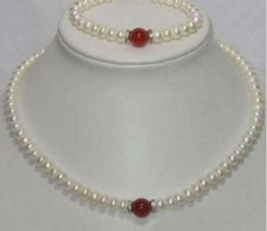 Natural 7-8mm Pearl & 10mm Red Jade Necklace Bracelet Set
