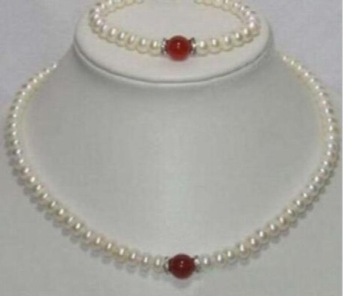 Natural 7-8mm Pearl & 10mm Red Jade Necklace Bracelet Set