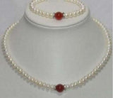Natural 7-8mm Pearl & 10mm Red Jade Necklace Bracelet Set