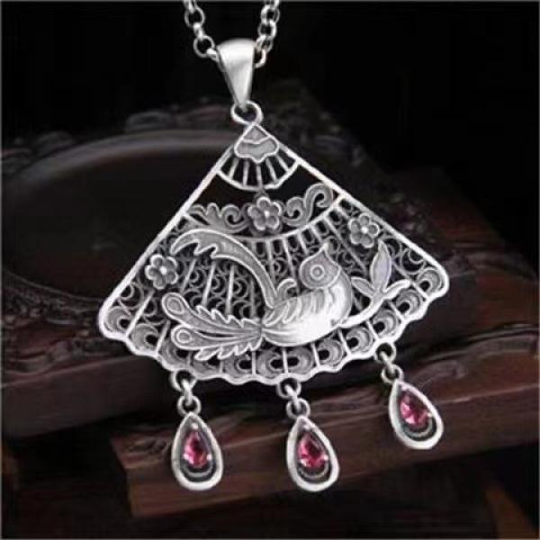 Vermilion Bird Pendant Female Phoenix Retro Fan Shaped Peacock Tassel Accessory