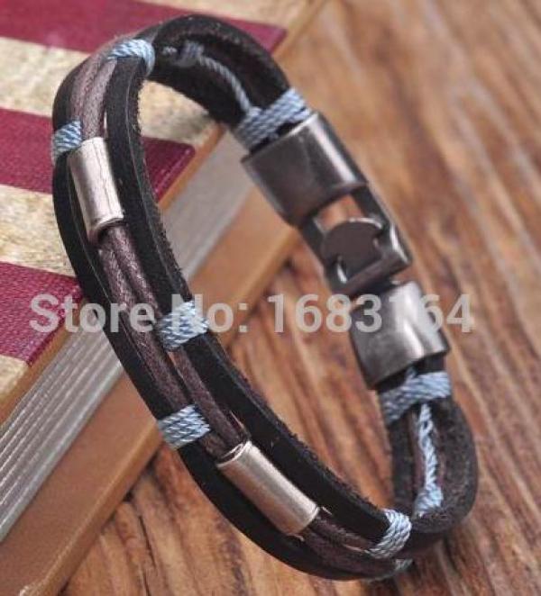 Black-blue Leather Hemp Surfer Wristband Bracelet Cuff Metal Clasp Mens