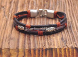 G154 Black-Orange Leather Hemp Surfer Wristband Bracelet Cuff Metal Clasp Mens