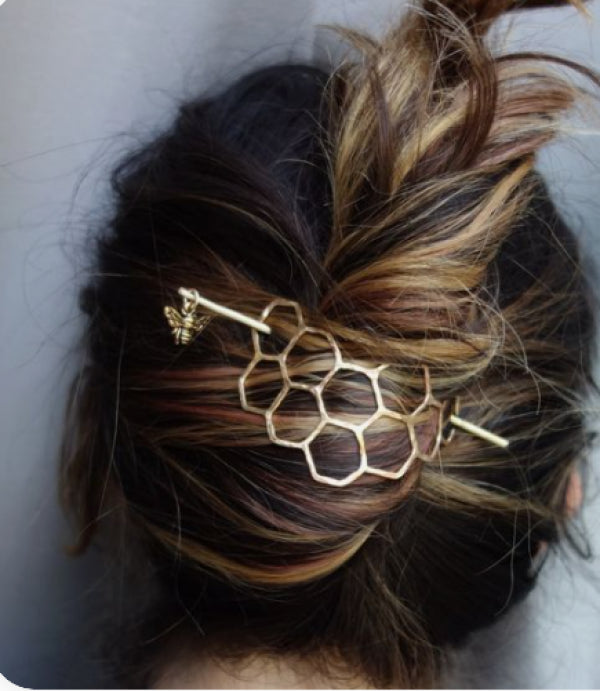 Honeycomb Hair Bun Slide with Dangling Bee