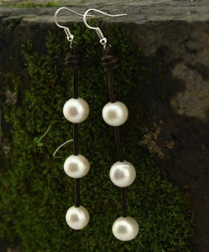 11MM Freshwater Pearl Rope Leather Dangle Earrings