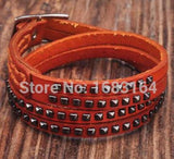 Orange Double Wrap Leather Wristbands Bracelet Cuff Punk