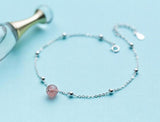 925 Sterling Silver Strawberry Stone & Round Beads Anklet Bracelet