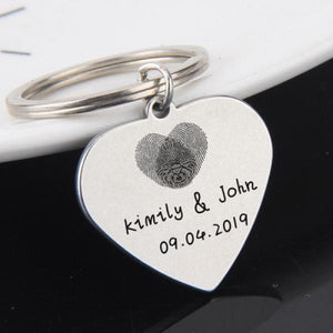 FLYANGEL Fingerprint Heart Keychain Engraved Name Date Keyring for Couples
