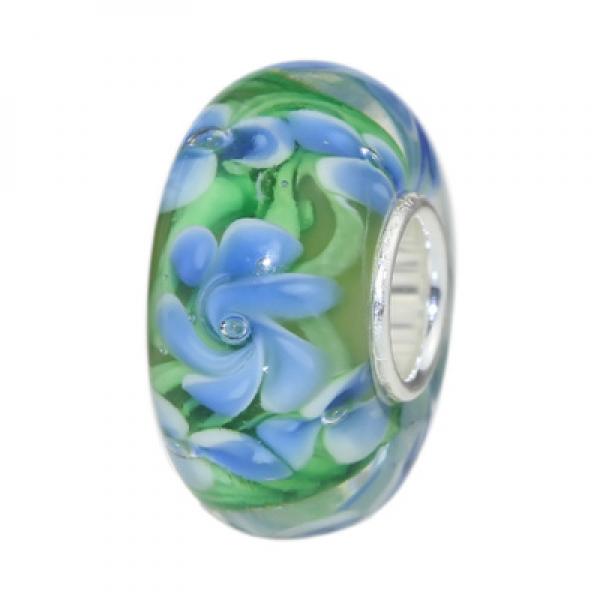 925 Silver 3D Colorful Green Flowers Glass Charm Bead