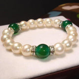 8-9mm Pearl Bracelet Luck Green Jade Rhinestone Beads Elastic
