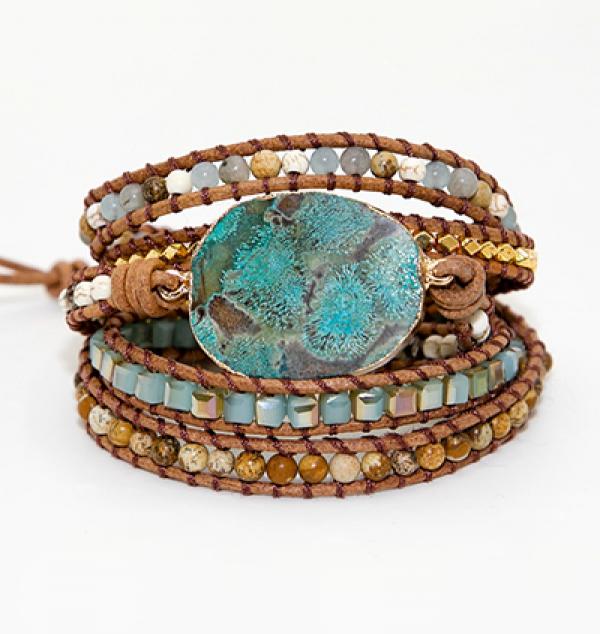 Mixed Natural Stones Gilded Stone Charm 5 Strands Wrap Bracelet