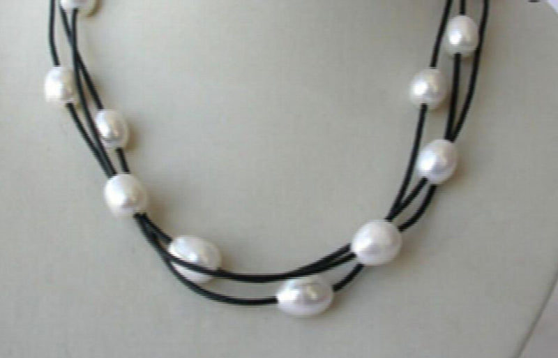 Stunning 3-Strand Baroque Pearl Leather Necklace