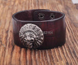 Brown Biker Indian Skull Studded Men's Leather Bracelet Cuff