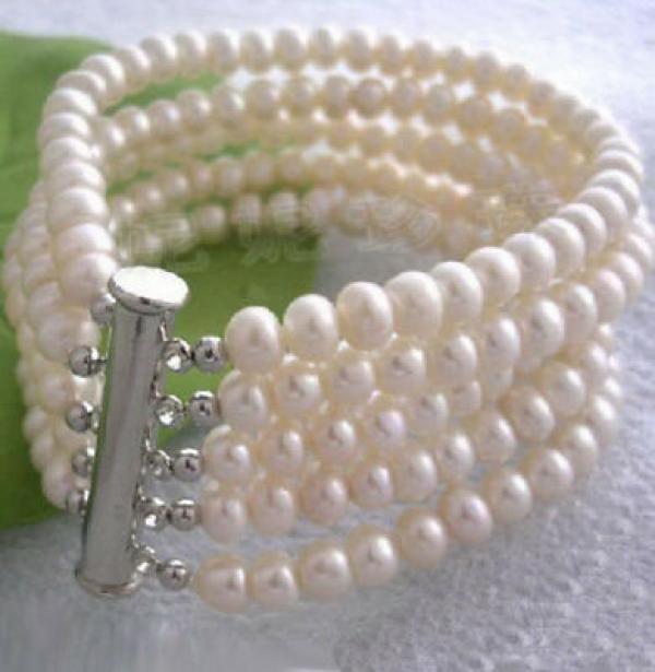 Pearl Plated Slide Clasp Bangle Bracelet - 5 Rows 7-8mm Real Pearls