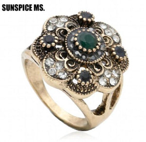 Women Flower Vintage Rings Antique Resin Jewelry Ethnic Bijoux