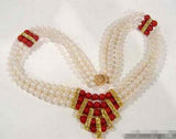 3-Row Real Pearl Red Coral Necklace