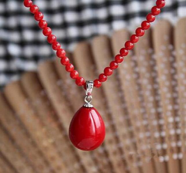 6mm Red Coral Necklace with Shell Pearl Pendant 17inch