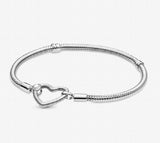 925 Sterling Silver Bracelet Heart Closure Snake Chain Fit Women Bead Charm