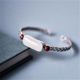 Natural Hetian Jade Hemp Rope Bracelet Retro Chinese Craft Silver Jewelry