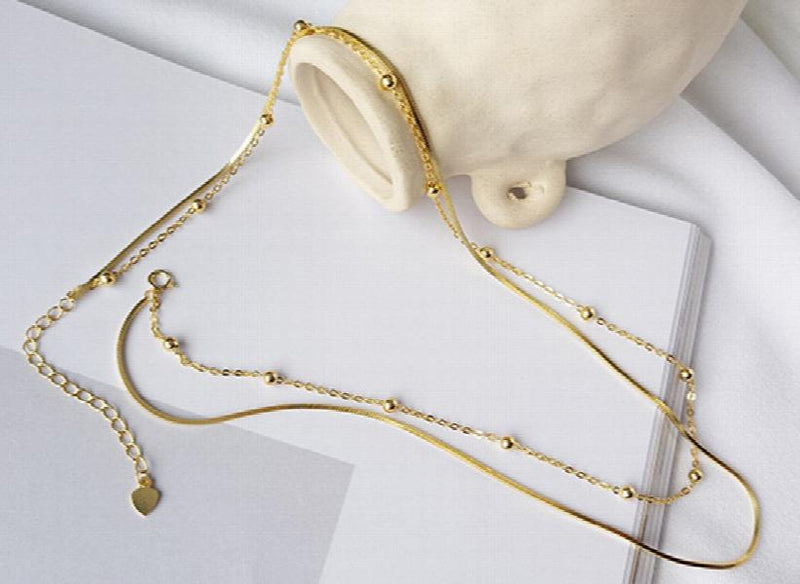 925 Silver Korea Style Double Chain Beads Choker Necklace for Women