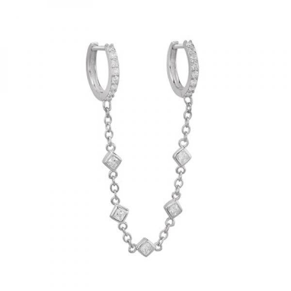 925 Silver DoubleChain Huggie Hoop Earrings Zircon Crystal Piercing Jewelry