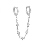 925 Silver DoubleChain Huggie Hoop Earrings Zircon Crystal Piercing Jewelry