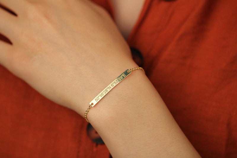Personalized Stainless Steel Bar Bracelet - Engraved Name & Date Jewelry