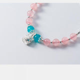 S925 Sterling Silver Pink Strawberry Quartz Crystal Cat Pendant Bracelet