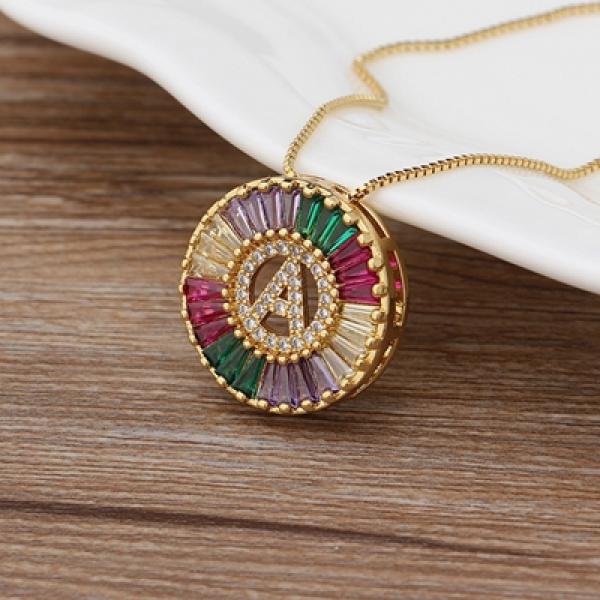 Rainbow Micro Pave CZ Initial Letter Pendant Necklace - Family Jewelry