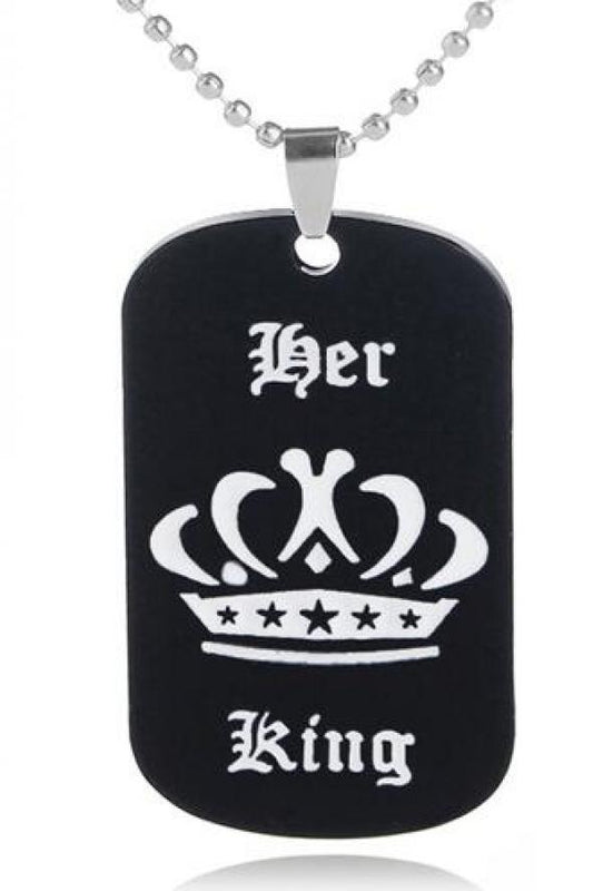 King Queen Laser Engraved Logo Couple Necklace