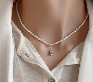 SHANICE 925 Silver Punk Pearl Heart Pendant Bear Choker Necklace