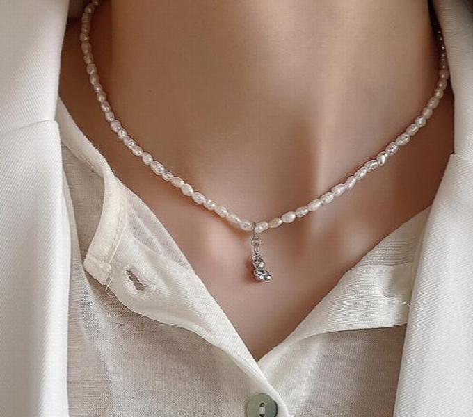 SHANICE 925 Silver Punk Pearl Heart Pendant Bear Choker Necklace