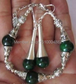 2pc Tibet Malachite Green Jade Bracelet & Earrings Set