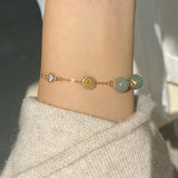 Adjustable 14k Filled Chain Link Bracelet with Emerald Jade for Women Girls