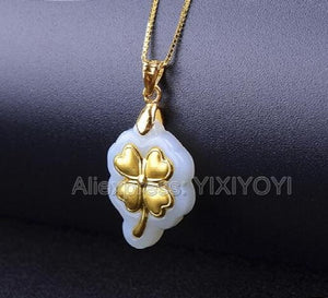 Hetian Jade 18K Inlaid Carved Tree Leaf Pendant Necklace